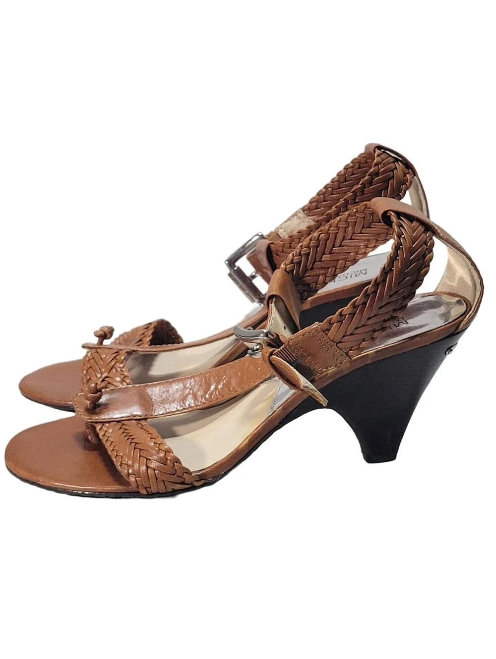 MICHAEL KORS LADIES BROWN BRADED LEATHER THONG HEELS ANKLE STRAP SIZE 9M